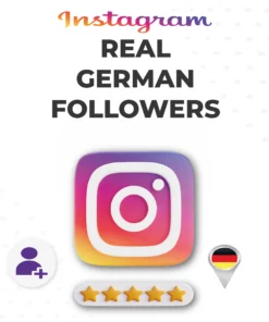 Buy real German Instagram followers — Socialfy24 product image showing Instagram logo with a Germany flag location pin and 5-star rating