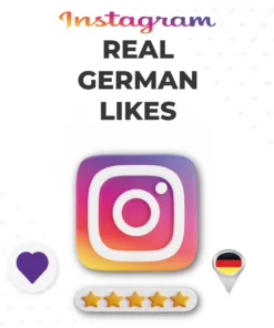 Buy real German Instagram likes — Socialfy24 product image with Instagram logo, purple heart, Germany flag pin, and 5-star rating
