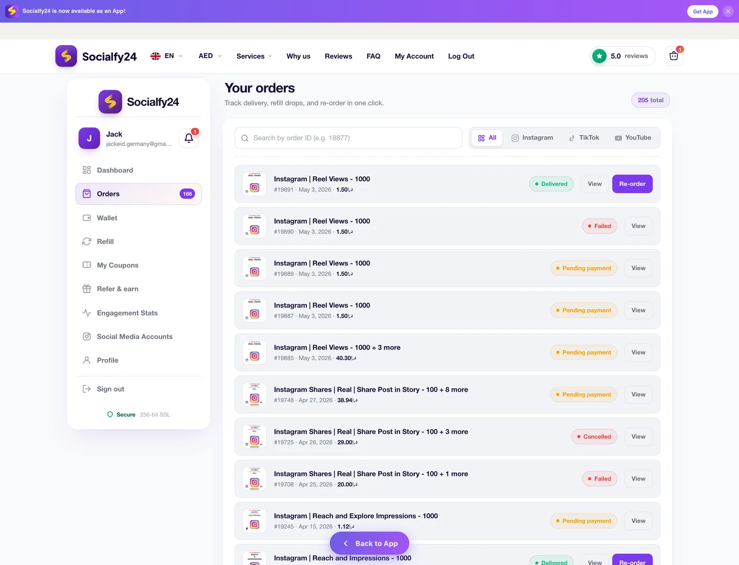 Socialfy24 My Account Orders tab — full order history with status badges and one-click reorder
