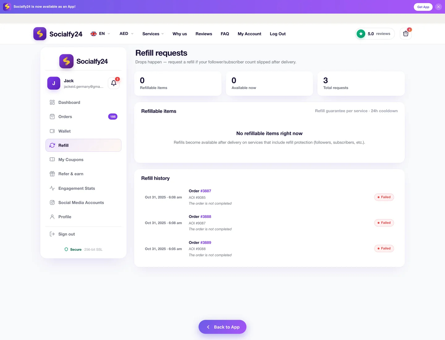 Refill requests page on Socialfy24 — auto-detects drops, one-click refill within 90-day guarantee window