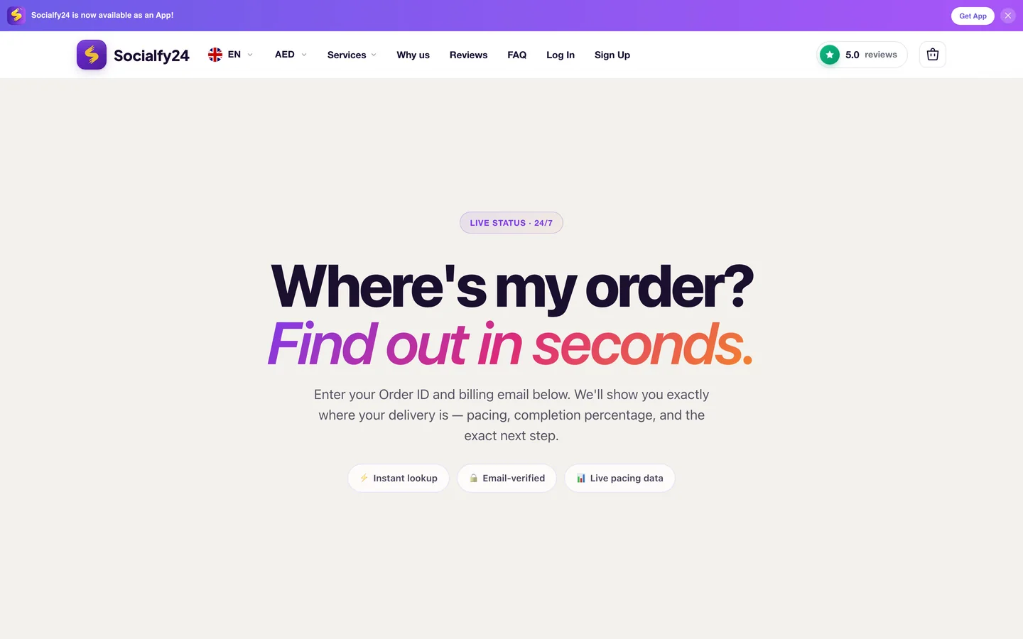 Real-time order tracking page on Socialfy24 — instant lookup with email-verified live pacing data